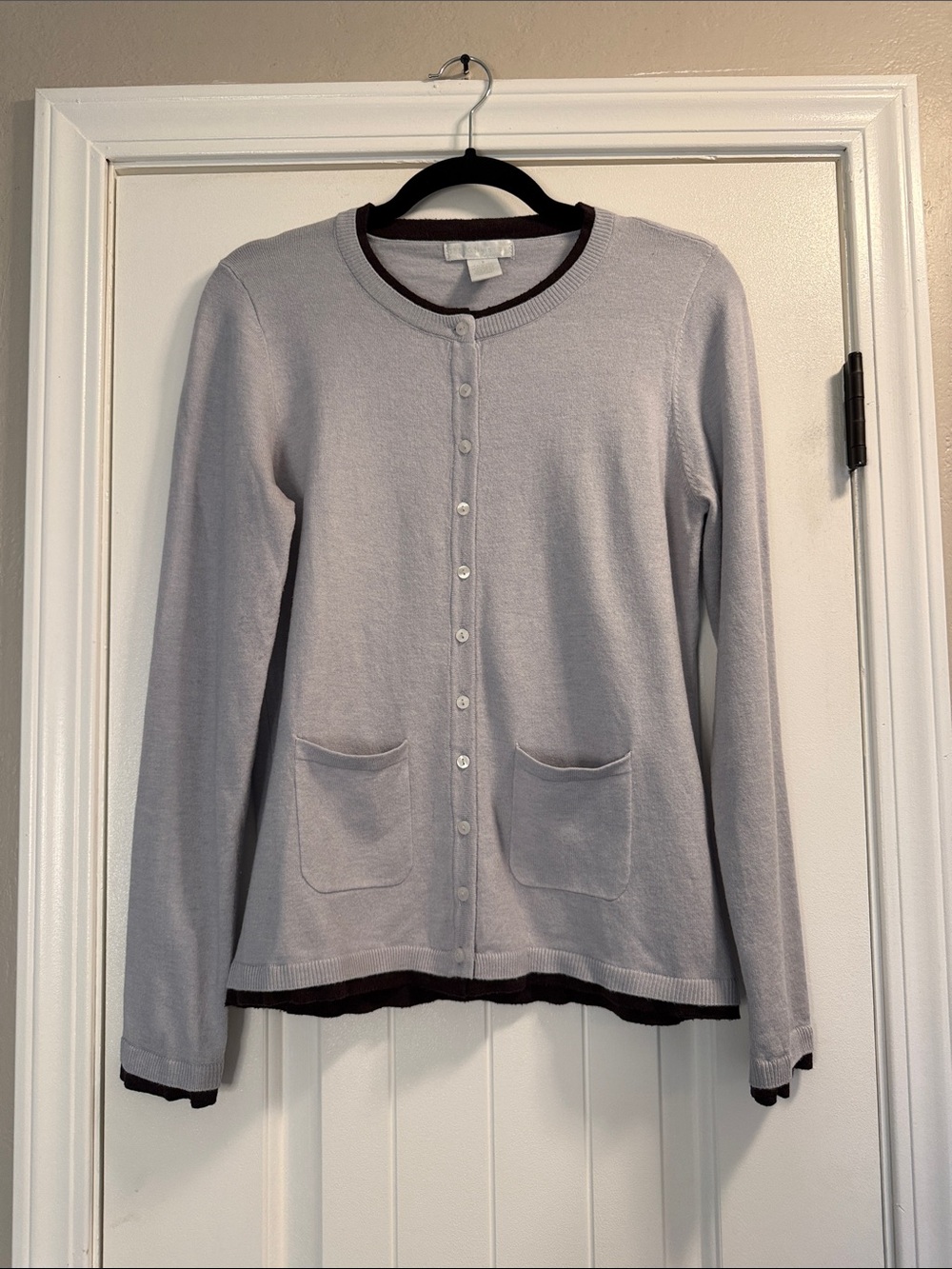 Design History Light Gray Button-Up Cardigan with Dark Trim